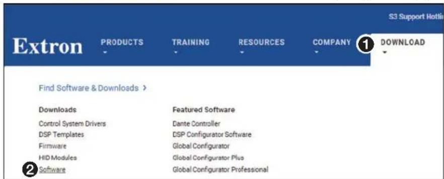 S3 Support Hotlin Extron PRODUCTS TRAINING RESOURCES COMPANY ① DOWNLOAD Find Software & Downloads > Downloads Featured Software Control System Drivers Dante Controller DSP Templates DSP Configurator Software Firmware Global Configurator HID Modules Global Configurator Plus Software Global Configurator Professional