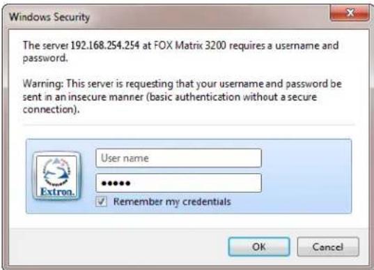 Windows Security The server 192.168.254.254 at FOX Matrix 3200 requires a username and password. Warning: This server is requesting that your username and password be sent in an insecure manner (basic authentication without a secure connection). User name •••••• ✓ Remember my credentials OK Cancel