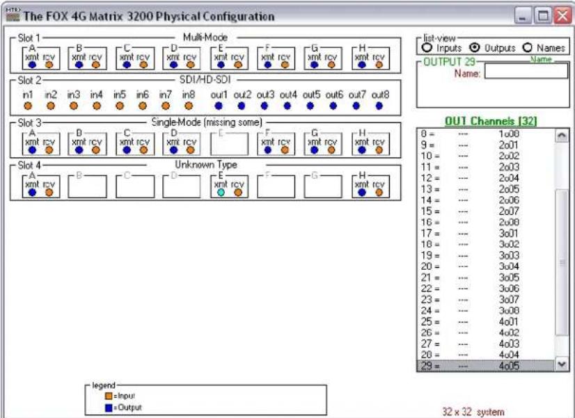 The FOX 4G Matrix 3200 Physical Configuration Slot 1 Multi-Mode A B C D E F G H xmt rcv xmt rcv xmt rcv xmt rcv xmt rcv xmt rcv Slot 2 SDI/HD-SDI in1=in2=in3=in4=in5=in6=in7=in8,out1,out2,out3,out4,out5,out6,out7,out8 Slot 3 Single-Mode (missing some) A B C D E F G H xmt rcv xmt rcv xmt rcv xmt rcv xmt rcv Slot 4 Unknown Type A B C D E F G H xmt rcv xmt rcv xmt rcv xmt rcv xmt rcv legend ●=Input ●=Output list-view Inputs Outputs Names OUTPUT 29 Name: OU1 Channels [32] 0 = .... 1x08 9 = .... 2x01 10 = .... 2x02 11 = .... 2x03 12 = .... 2x04 13 = .... 2x05 14 = .... 2x06 15 = .... 2x07 16 = .... 2x08 17 = .... 3x01 18 = .... 3x02 19 = .... 3x03 20 = .... 3x04 21 = .... 3x05 22 = .... 3x06 23 = .... 3x07 24 = .... 3x08 25 = .... 4x01 26 = .... 4x02 27 = .... 4x03 28 = .... 4x04 29 = .... 4x05 32 x 32 system
