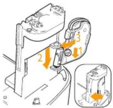 Technical diagram showing mechanical assembly with numbered components and directional arrows indicating motion or force