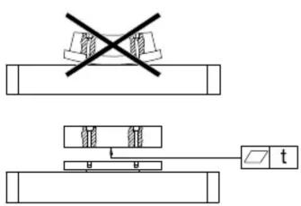 Technical diagram showing two mechanical assembly states with a crossed-out section and a labeled component 't'