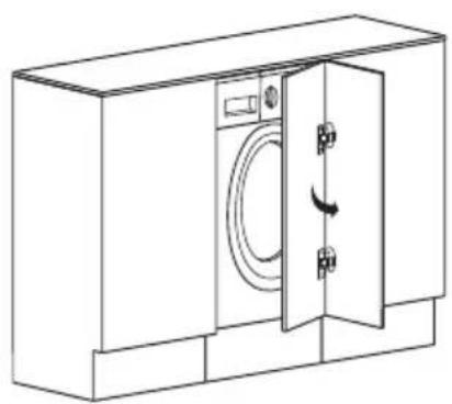 Line drawing of a washing machine with door and side panel, showing internal mechanism (no text or symbols)
