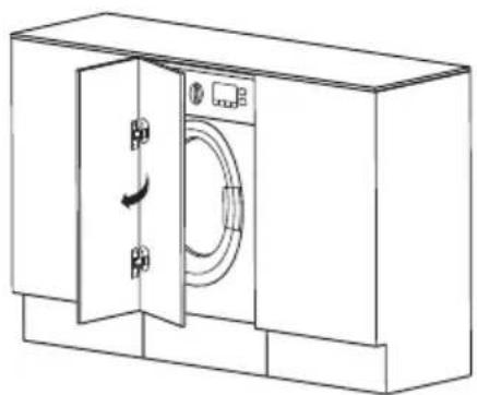 Line drawing of a washing machine cabinet with door and side panels, showing internal components and a circular vent (no text or symbols)