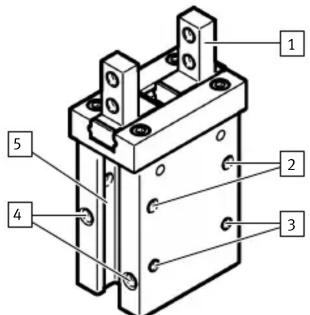 Technical diagram of a mechanical component with numbered parts labeled 1 through 5