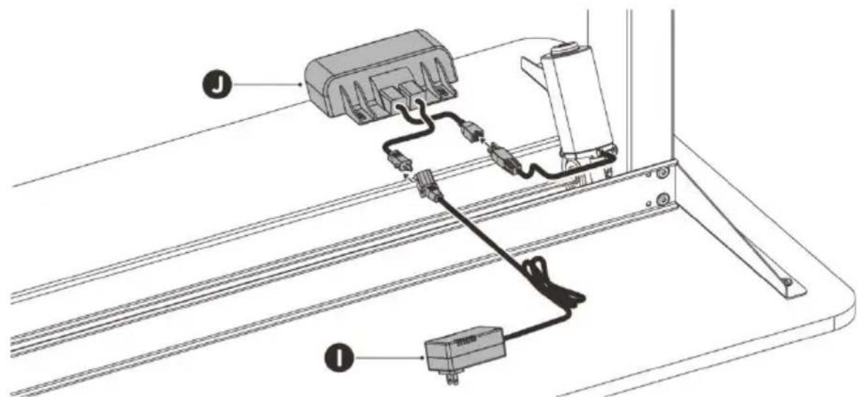 Technical diagram showing cable connection between a device labeled J and I, with connectors and wiring visible