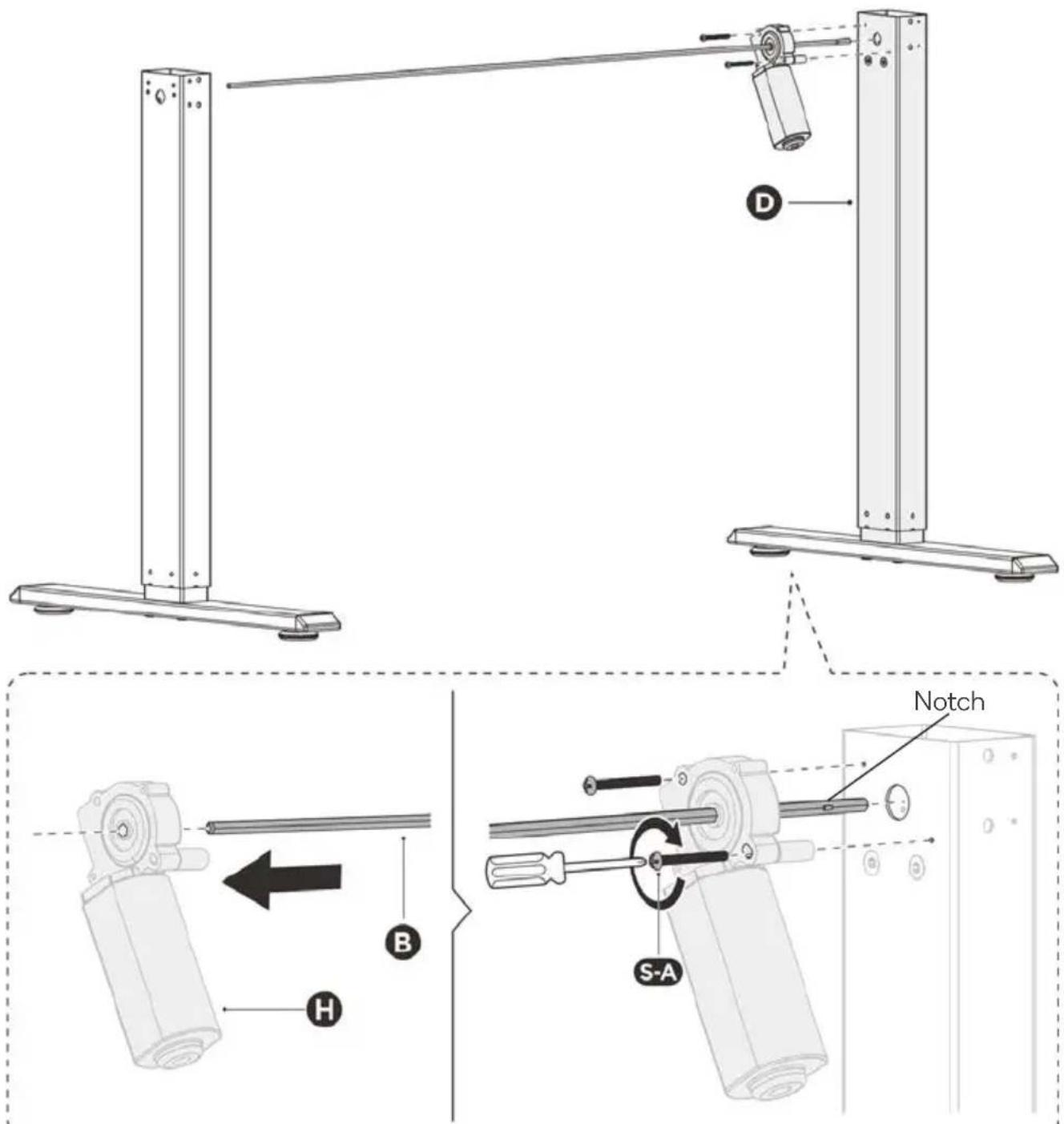 Technical diagram illustrating mechanical assembly steps with labeled components A, B, C, D, and S-A