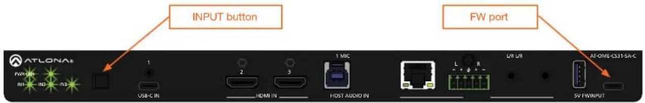 INPUT button FW port ATLONA FWH-ON IN1 IN2 IN3 USB-C IN 2 3 1 MIC HDMI IN HOST AUDIO IN L R DR LR 5V FWINPUT AT-OME-CSJ1-SA-C