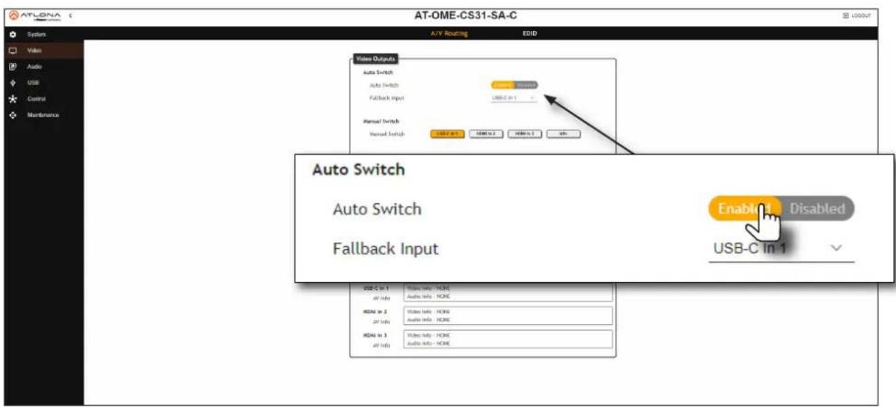 AT-OME-CS31-SA-C System Video Audio USB Control Maintenance A/Y Routing EDID Video Outputs Auto Switch Auto Switch Fallback Input USB-C in 1 Manual Switch Manual Switch USB-C in 1 MODE to 2 MODE to 3 Help Auto Switch Auto Switch Enabled Disabled Fallback Input USB-C in 1 USB-C in 1 Audio Info - NONE AV Info Audio Info - NONE HDMI in 2 Audio Info - NONE AV Info Audio Info - NONE HDMI in 3 Audio Info - NONE AV Info Audio Info - NONE