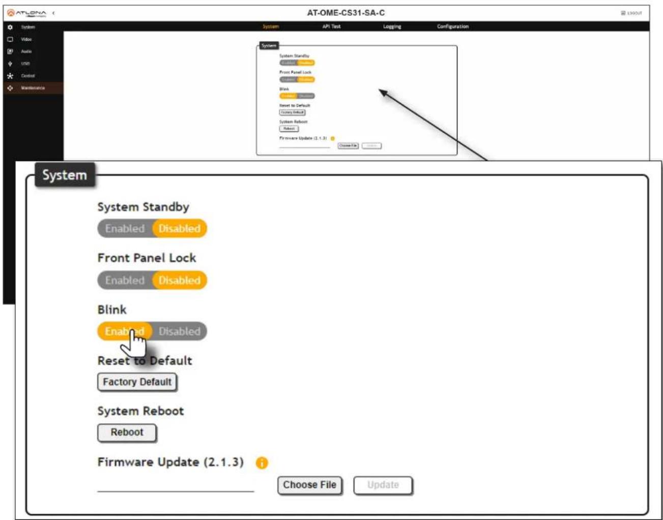 AT-OME-CS31-SA-C System System Standby Enabled Disabled Front Panel Lock Enabled Disabled Blink Enabled Disabled Reset to Default Factory Default System Reboot Reboot Firmware Update (2.1.3) Choose File Update