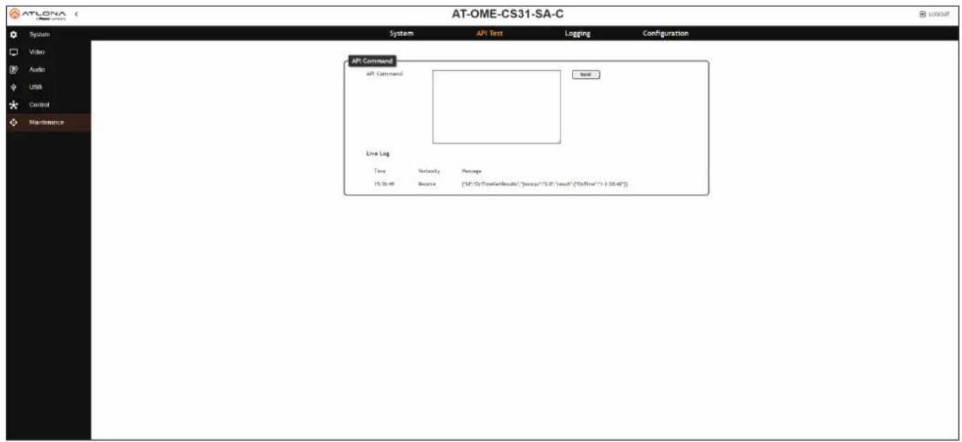 ATLONA System Video Audio USB Control Maintenance System API Test Logging Configuration API Command API Command: Next Live Log Time Nettocity Message 15:26:49 Receive [14:\My\TreeGenSuite\","jenque\"3.0\","nusult\","Cnffire\"}(1-1.28-48)]