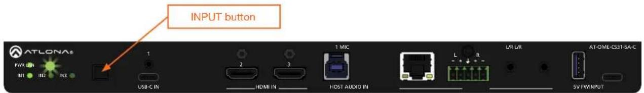 INPUT button ATLONA® PWM UN IN1 IN2 IN3 USB-C IN 2 3 1 MIC L R + - + HDMI IN HOST AUDIO IN L/R UR AT-OME-CSJ1-SA-C 5V F/WINPUT