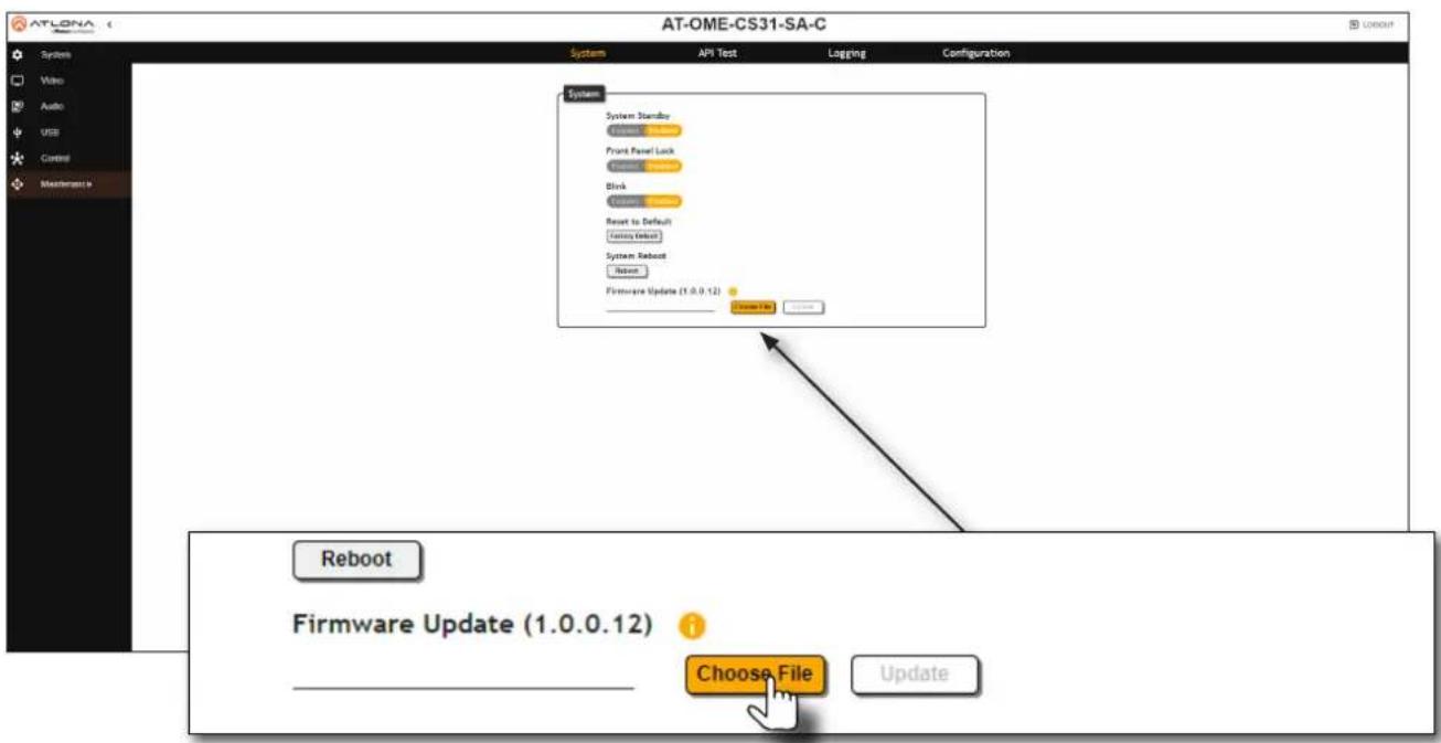 AT-OME-CS31-SA-C System API Test Logging Configuration System System Standby Front Panel Lock Blank Reset to Default Forming Breakout System Reboot Reboot Firmware Update (1.0.0.12) Choose File Reboot Firmware Update (1.0.0.12) Choose File Update