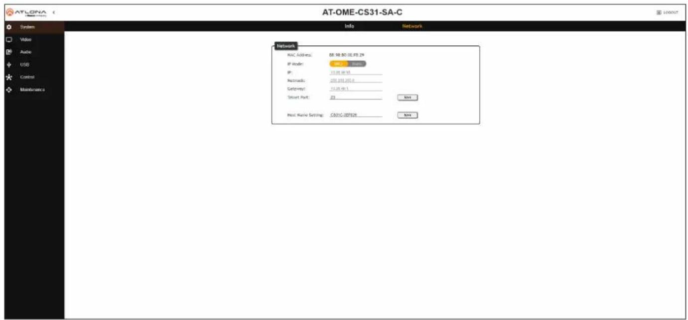 ATLONA System Video Audio USB Control Maintenance AT-OME-CS31-SA-C Info Network Network MAC Address: 08.98.00.0E.FB.29 IP Node: 500 MHz IP: 11.00 01:55 Remarks: 200 GB 200.0 Gateways: 11.00 GB 1 Select Port: 23 Add Rate Setting: CASH-SEP28 Add Add Rate Settings: CASH-SEP28