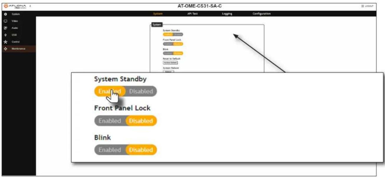 AT-OME-CS31-SA-C System System Standby Left Standby Front Panel Lock Left Standby Blank Bottom Reset to Default Right Standby System Reboot Blink Enabled Disabled Front Panel Lock Enabled Disabled Blink Enabled Disabled
