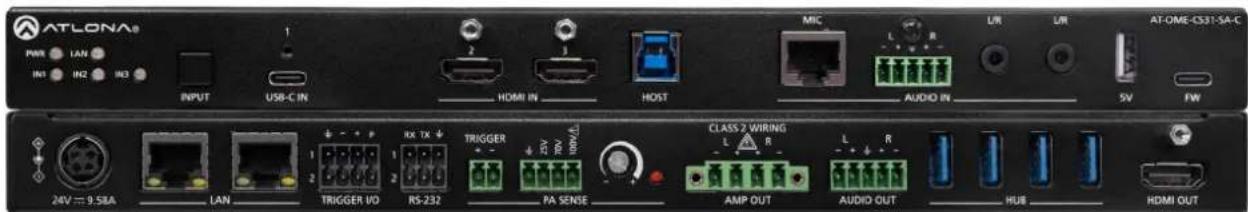 ATLONA® PWM LAN IN1 IN2 IN3 INPUT USB-C IN HDMI IN HOST MIC L R L/R L/R AT-OME-CS31-SA-C S/V FW CLASS 2 WIRING L R L R 24V=9.5BA LAN TRIGGER I/O RS-232 PA SENSE AMP OUT AUDIO OUT HUE HDMI OUT