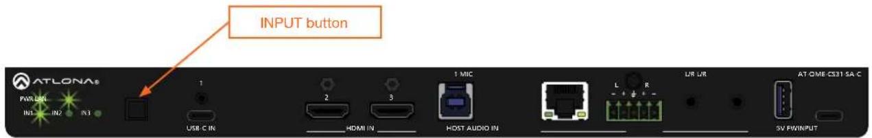 INPUT button ATLONA® PWR LAN IN1 IN2 IN3 USB C IN 2 3 1 MIC HDMI IN HOST AUDIO IN L R L/R L/R L/R AT QME CS31 SA C 5V P/W INPUT