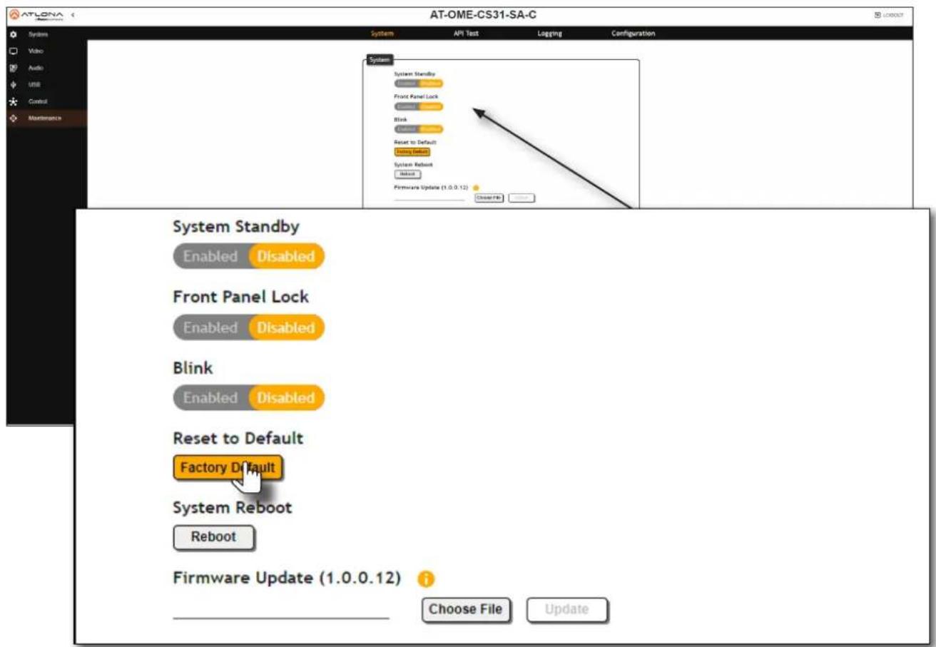 AT-OME-CS31-SA-C System System Standby Enabled Disabled Front Panel Lock Enabled Disabled Blink Enabled Disabled Reset to Default Factory Default System Reboot Reboot Firmware Update (1.0.0.12) Choose File Update