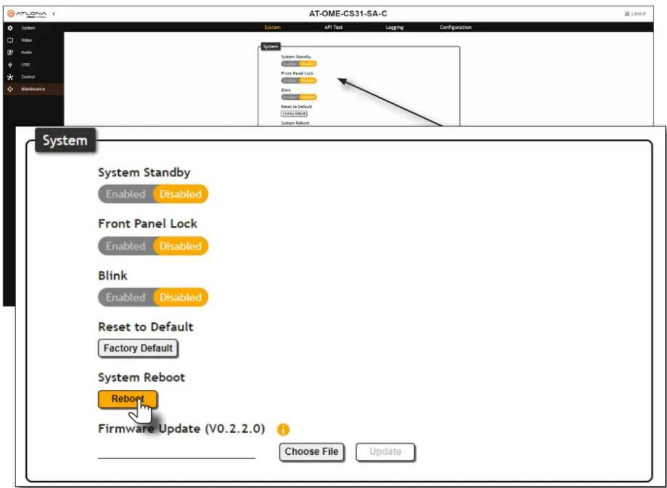 AT-OME-CS31-SA-C System System Standby Enabled Disabled Front Panel Lock Enabled Disabled Blink Enabled Disabled Reset to Default Factory Default System Reboot Reboot Firmware Update (V0.2.2.0) Choose File Update
