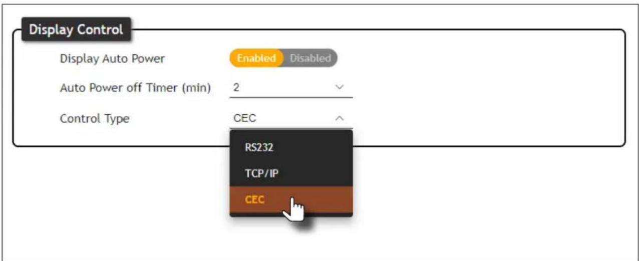 Display Control Display Auto Power Enabled Disabled Auto Power off Timer (min) 2 Control Type CEC RS232 TCP/IP CEC