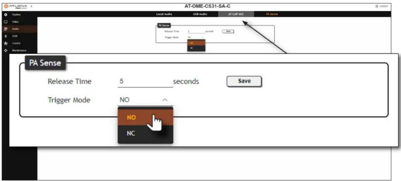 AT-OME-CS31-SA-C Local Audio USB Audio AT CAP-MC PA Sense PA Sense Release Time: 5 seconds Save Trigger Mode: NO NC PA Sense Release Time 5 seconds Save Trigger Mode:NO NC Save