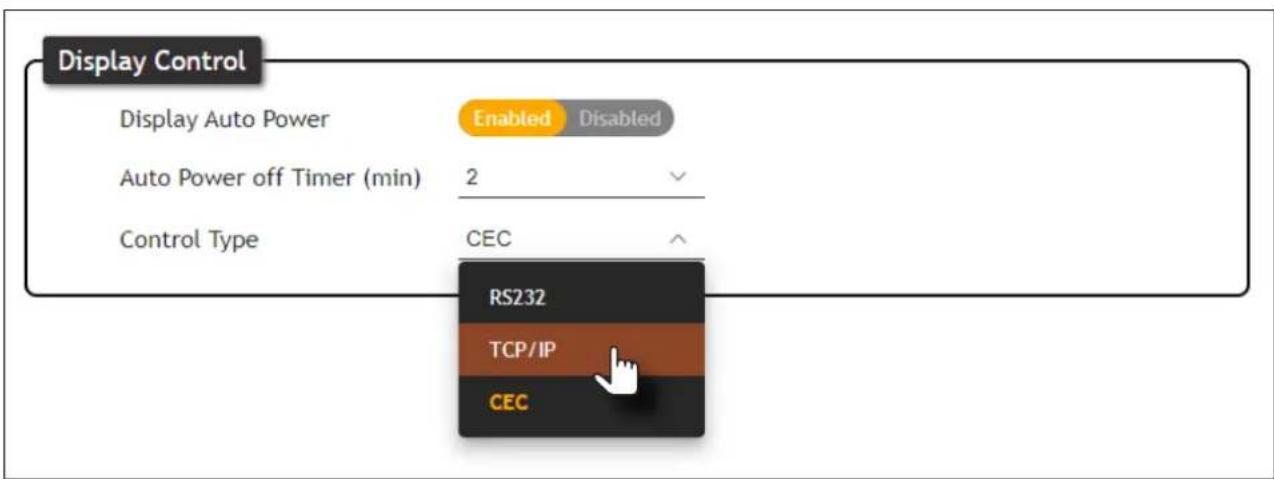 Display Control Display Auto Power Enabled Disabled Auto Power off Timer (min) 2 Control Type CEC RS232 TCP/IP CEC