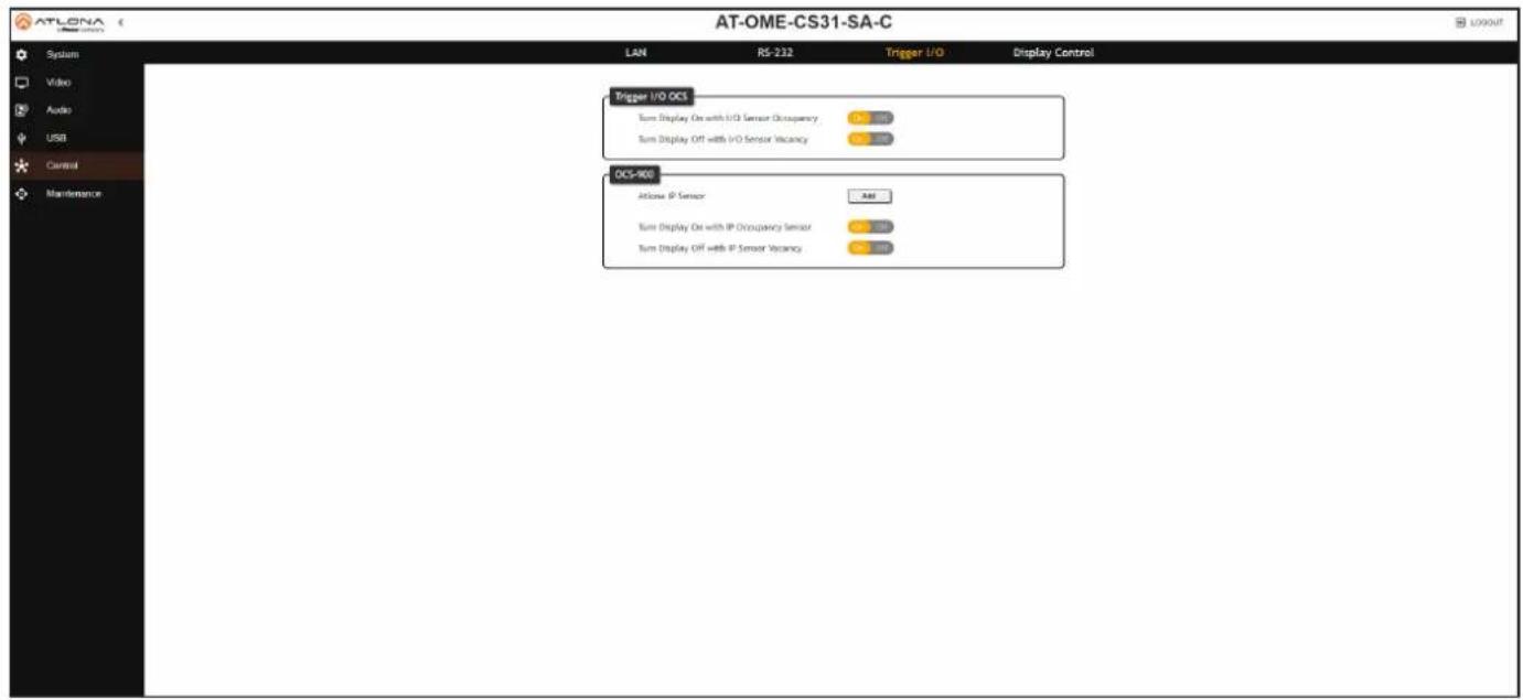 ATLONA System Video Audio USB Control Maintenance LAN RS-232 Trigger I/O Display Control Trigger I/O OCS Turn Display On with I/O Sensor Occupancy Turn Display Off with I/O Sensor Vacancy DCS-900 Airborne IP Sensor Turn Display On with IP Occupancy Sensor Turn Display Off with IP Sensor Vacancy