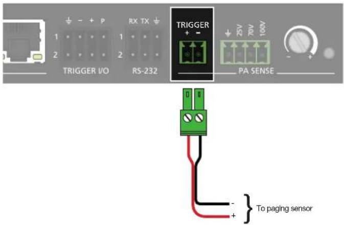 TRIGGER I/O RS-232 TRIGGER + - + 25V 70V 100V PA SENSE To paging sensor