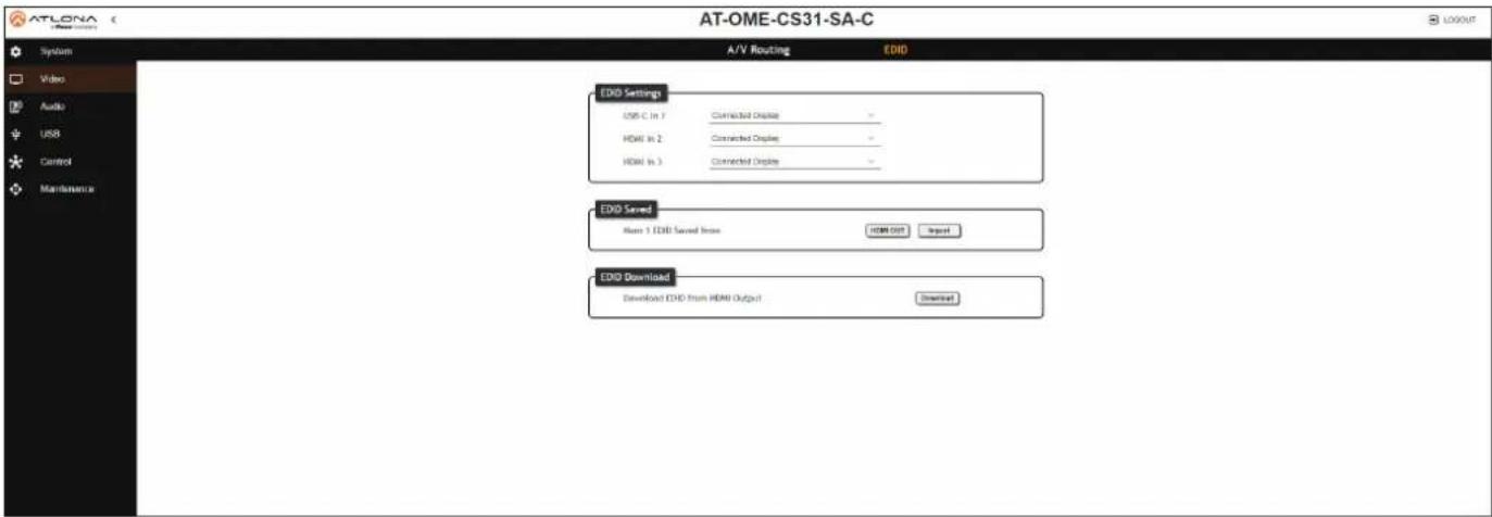 AT-OME-CS31-SA-C System Video Audio USB Control Maintenance A/V Routing EDIO EDIO Settings USB-C In 1 Connected Display HDMI In 2 Connected Display HDMI In 3 Connected Display EDIO Saved Main 1 EDD Saved from HDMI EDD Import EDIO Downloaded Download EDD from HDMI Output Download