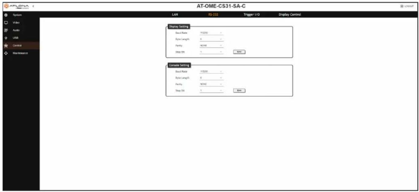 AT-OME-CS31-SA-C LAN RS-232 Trigger I/O Display Control Display Setting Basic Rate 11/02/00 - Byte Length 6 - Parity NONE - Stop Bit 1 Save Console Setting Basic Rate 11/02/00 - Byte Length 6 - Parity NONE - Stop Bit 1 Save System Video Audio USB Control Maintenance