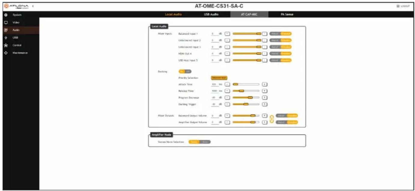 AT-OME-CS31-SA-C Local Audio USB Audio AT-CAP-MIC PA Sense Local Audio Mix Input Balanced Input 1 0 dB Output Unbalanced Input 2 0 dB Output Unbalanced Input 3 0 dB Output HDMI Out 4 0 dB Output USB Host Input 5 0 dB Output Bucking 800 Priority Selection Maximum Load Attack Time 600 ms Release Time 6000 ms Program Decrease 20 dB Ducking Trigger 30 dB Mixer Outputs Balanced Output Volume 0 dB Output Amplifier Output Volume 0 dB Output Amplifier Node Stereo/None Selection Start Stop