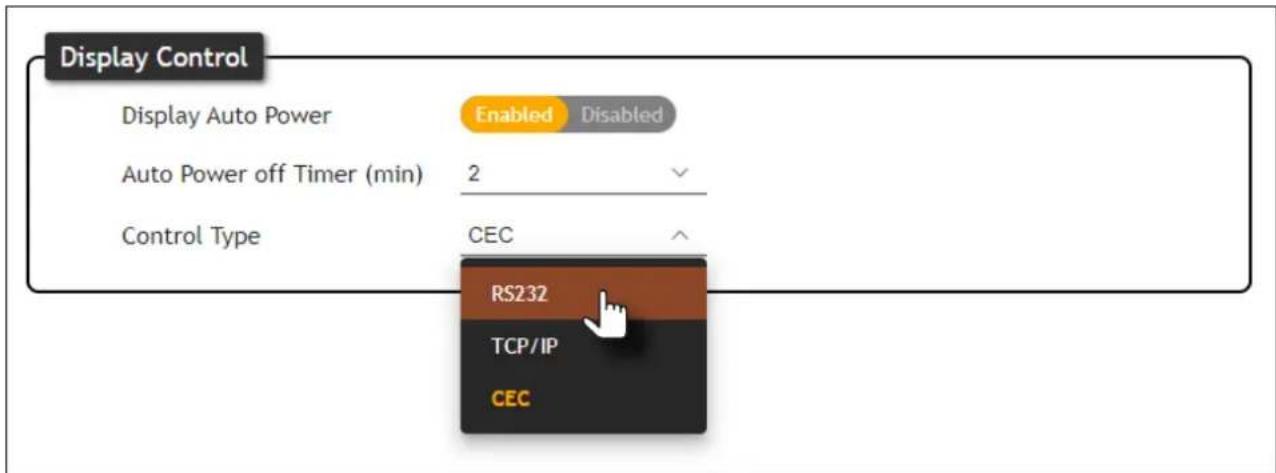 Display Control Display Auto Power Enabled Disabled Auto Power off Timer (min) 2 Control Type CEC RS232 TCP/IP CEC