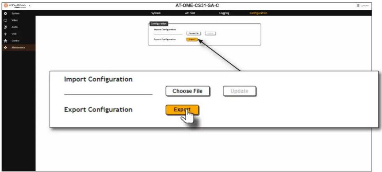 AT-OME-CS31-SA-C System API Text Logging Configuration Configuration Import Configuration Choose File Export Configuration Export Import Configuration Choose File Update Export Configuration Export