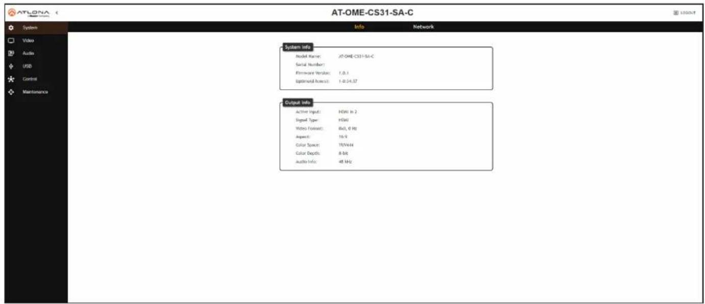 AT-OME-CS31-SA-C System Info Model Name: AT-OME-CS31-SA-C Serial Number: Foreword Version: 7.0.1 Experimental format: 1-0.14.57 Output Info Active Input: HDMI in 2 Signal Type: HDMI Video Format: 6x8, 9 Hz Aspect: 1x9 Color Space: 10V/44 Color Depth: 8-bit Audio Info: 48 MHz