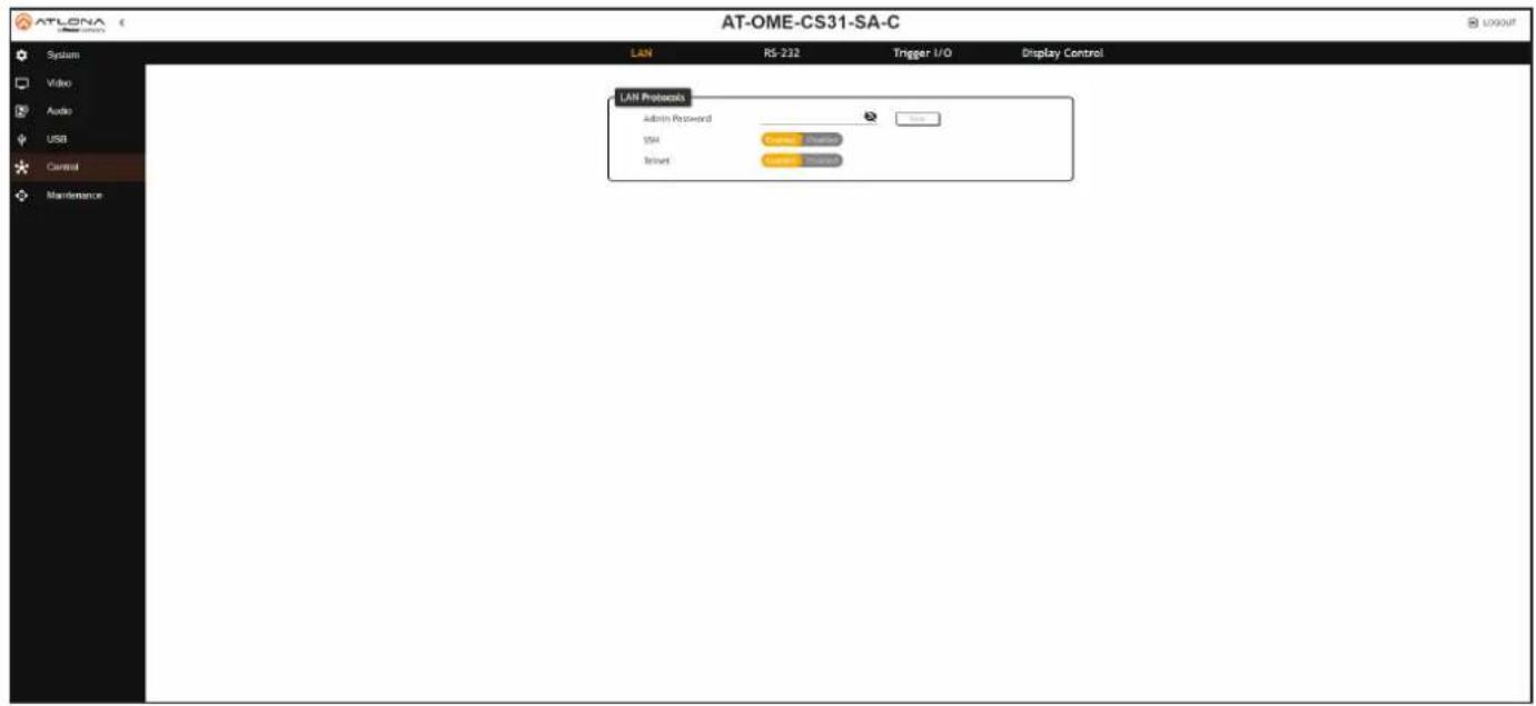 ATLONA System Video Audio USB Control Maintenance LAN RS-232 Trigger I/O Display Control LAN Protocol Admin Password USB Output Internet Output Output