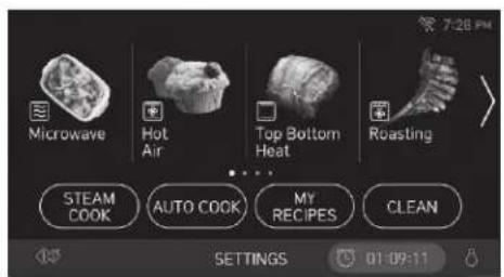 Microwave Hot Air Top Bottom Heat Roasting STEAM COOK AUTO COOK MY RECIPES CLEAN SETTINGS 01:09:11