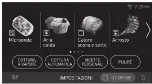 Microonde Aria calda Calore sopra e sotto Arrosto COTTURA A'YAPORE COTTURA AUTOMATICAI RICETTE PERSONALI PULIRE IMPOSTAZIONI 01-09:58