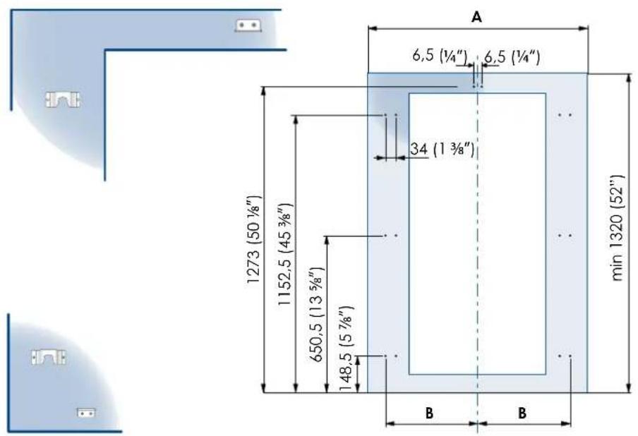 A 6,5 (¼") 6,5 (¼") 34 (1¾") min 1320 (52") 1273 (50½") 1152,5 (45¾") 650,5 (13¾") 148,5 (5¾") B B