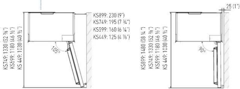 KS749: 1330 (52 3/4") KS599: 1180 (46 1/2") KS449: 1030 (40 1/2") 105° KS899: 230 (9") KS749: 195 (7 3/4") KS599: 160 (6 1/4") KS449: 125 (4 7/8") KS899: 1480 (58 1/4") KS749: 1330 (52 3/4") KS599: 1180 (46 1/2") KS449: 1030 (40 1/2) 25 (1°) 90°