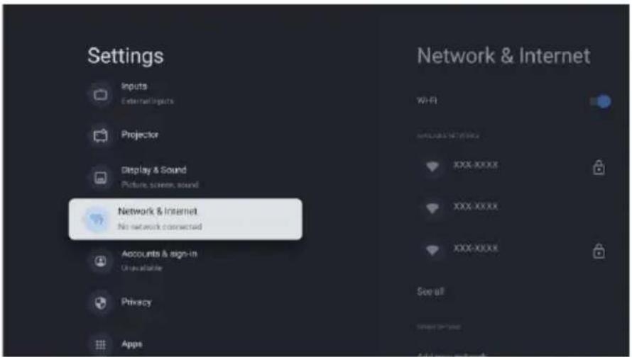Settings Inputs External/Inputs Projector Display & Sound Picture screen, sound Network & Internet No network connected Accounts & sign-in Unavailable Privacy Apps Network & Internet Wi-Fi INCLUDE NETWORKS XXX-XXXX XXX-XXXX XXX-XXXX See all Internet per user