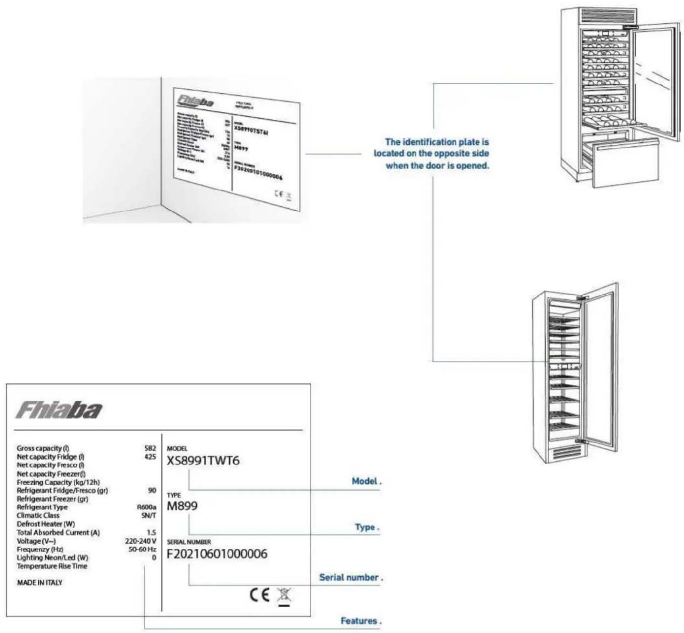 The identification plate is located on the opposite side when the door is opened. Fhiaba Gross capacity (l) 582 Net capacity Fridge (l) 425 Net capacity Fresco (l) Net capacity Freezer(l) Freezing Capacity (kg/12h) Refrigerant Fridge/Fresco (gr) 90 Refrigerant Freezer (gr) Refrigerant Type R600a Climatic Class SN/T Defrost Heater (W) Total Absorbed Current (A) 1.5 Voltage (V~) 220-240 V Frequency (Hz) 50-60 Hz Lighting Neon/Led (W) 0 Temperature Rise Time MADE IN ITALY MODEL XS8991TWT6 TYPE M899 SERIAL NUMBER F20210601000006 Model . Type . Serial number . CE Features .
