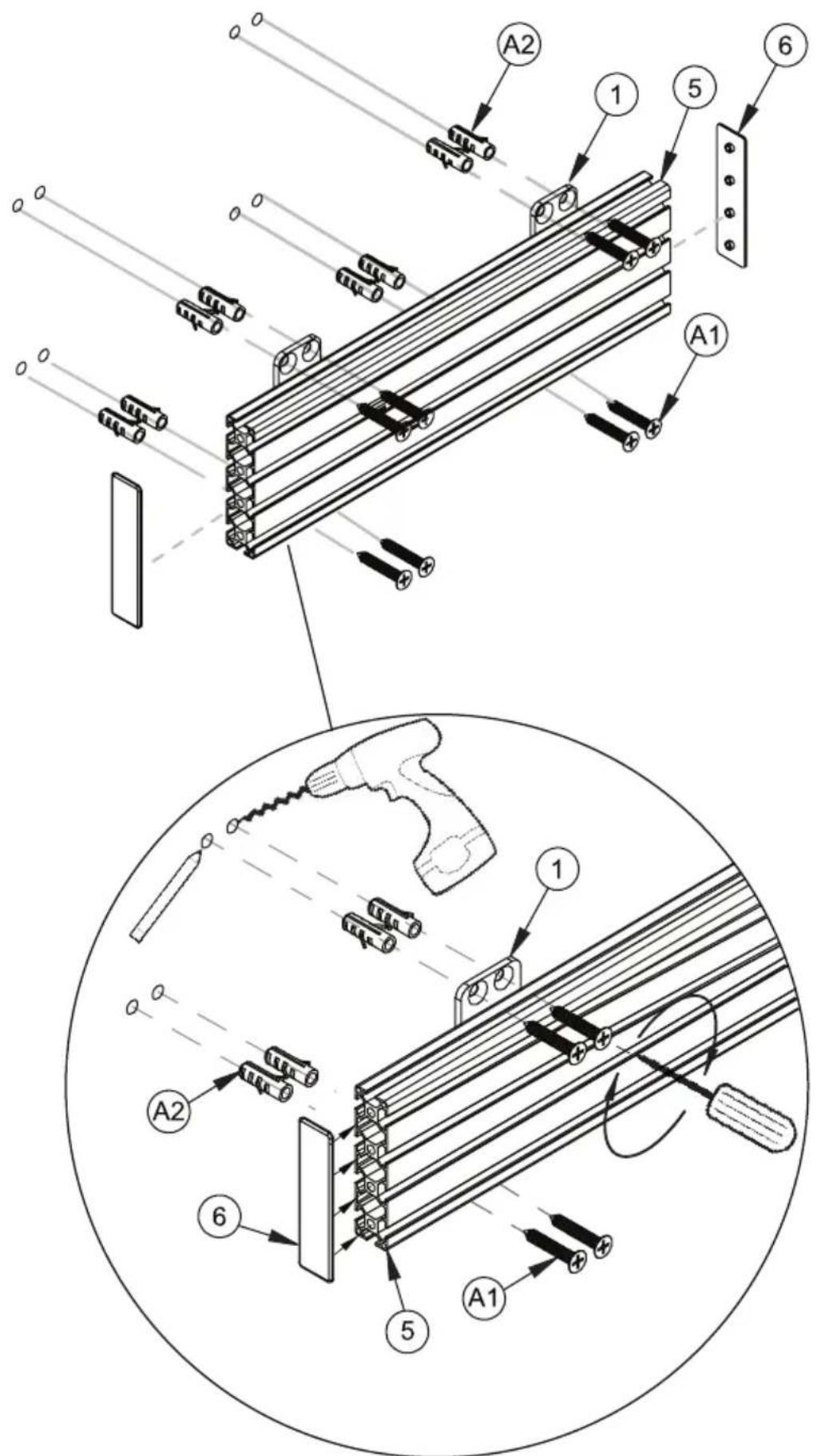 Technical diagram of a mechanical assembly with labeled parts and exploded view, showing components like A1, A2, 1, 5, 6 and a magnified view.