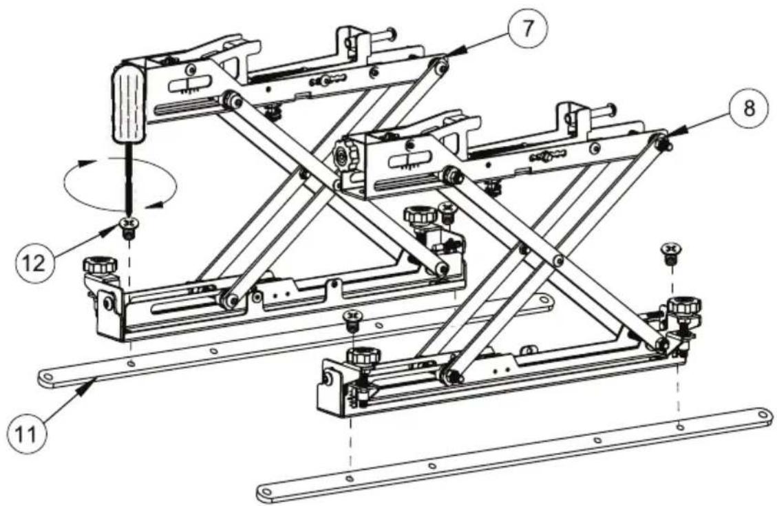 Technical diagram of a mechanical assembly with numbered components and directional arrows indicating motion or assembly.