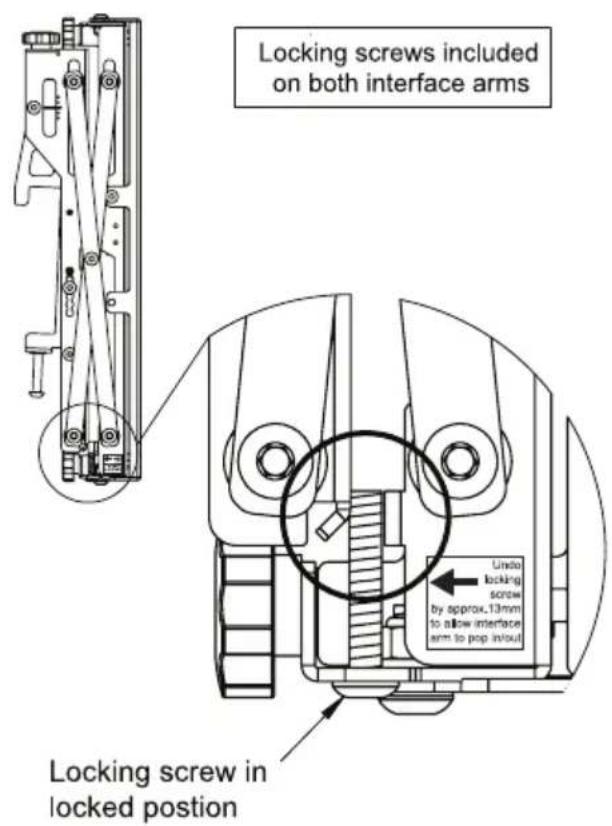 Locking screws included on both interface arms Undo locking screw by approx.13mm to allow interface arm to pop in/out Locking screw in locked position
