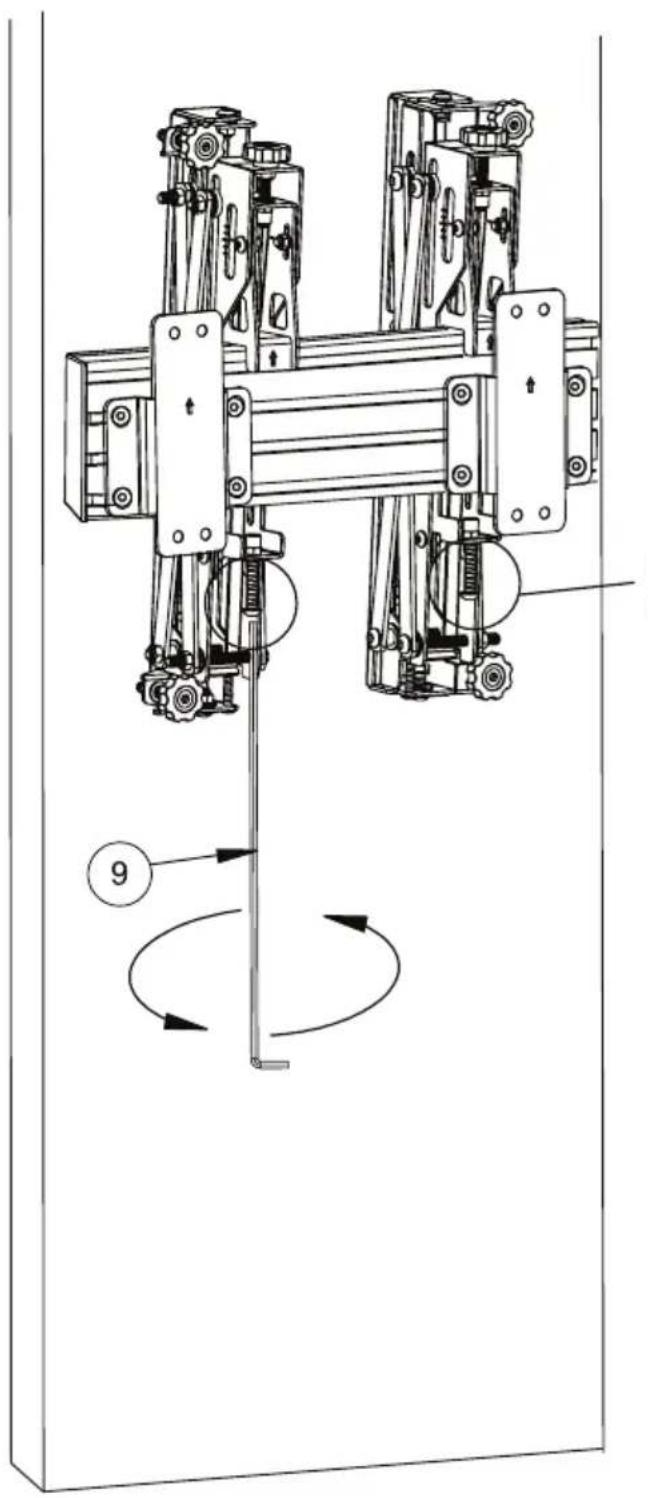 Technical diagram of a mechanical assembly with labeled components and rotational motion indicators
