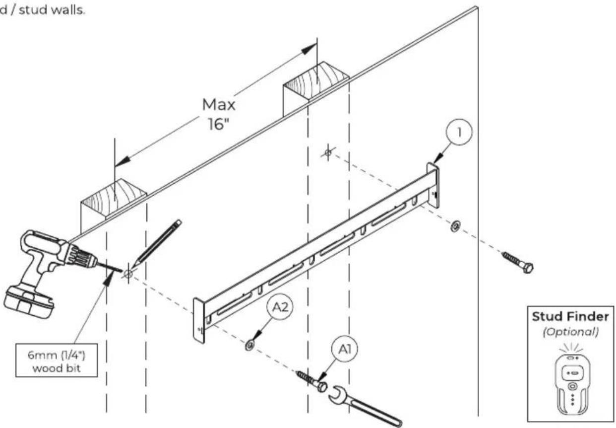 d / stud walls. Max 16" 6mm (1/4") wood bit A2 A1 1 Stud Finder (Optional)