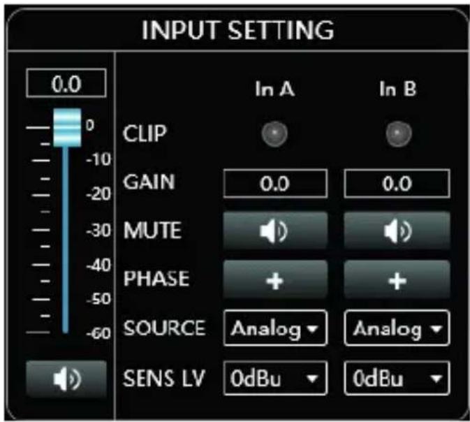 INPUT SETTING 0.0 CLIP Gain 0.0 0.0 MUTE PHASE + SOURCE Analog Analog SENS LV 0dBu 0dBu