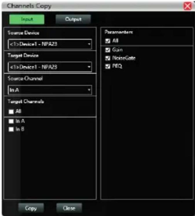 Channels Copy Input Output Source Device <1>Device1 - NPA23 Target Device <1>Device1 - NPA23 Source Channel In A Target Channels All In A In B Parameters All Gain NoiseGate PEQ Copy Close