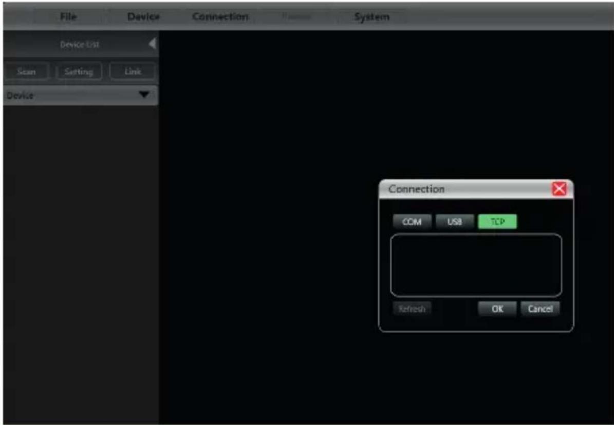 File Device Connection System Device List Scan Setting Link Device Connection COM USB TCP Refresh OK Cancel