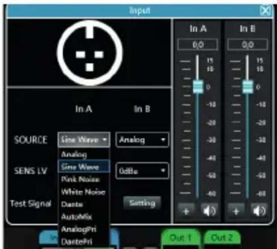 Input In A In B SOURCE Sine Wave Analog SENS LV Sine Wave Pink Noise White Noise Dante AutoMix AnalogPri DantePri 0dBc Setting In A In B 15 16 0 -10 -20 -30 -40 -50 -60 + Out 1 Out 2