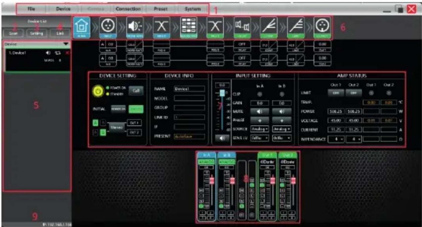File Device Connect Connection Preset System Device kit Scan Setting Link Device 1.Device1 MODEL 3 5 9 6 DEVICE SETTING DEVICE INFO INPUT SETTINGS AMP STATUS POWER ON Call Transformer INITIAL POWER ON Sensors OUT 1 OUT 2 NAME Device1 MODEL GROUP LINK ID 1 IP PRESENT AUROUUE CLIP GAIN B-B T-B MUTE PHASE SOURCE Analog - Analog - SENS LV OutBus - OutBus Out 1 Out 2 Out 1 Out 2 LIMIT EXP CWP TEMP. POWER 508.25 508.25 W VOLTAGE 45.00 45.00 0.01 D/B V CURRENT 11.25 11.25 A IMPENDANCE 4 4 D